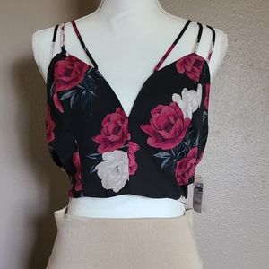 Charlotte Russe Black Floral Lace Up Crop Top